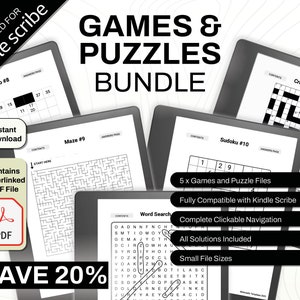 Kindle Scribe Games and Puzzle Bundle | Word Search, Sudoku, Mazes, Crossword, Kakuro | Clickable PDF Template | Digital Download