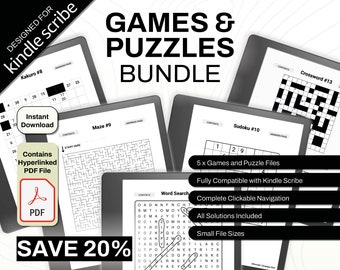 Kindle Scribe Games and Puzzle Bundle | Word Search, Sudoku, Mazes, Crossword, Kakuro | Clickable PDF Template | Digital Download