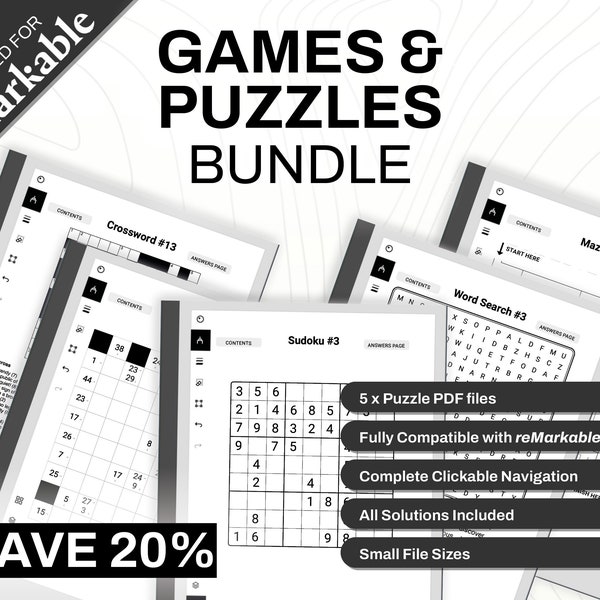 reMarkable Games and Puzzle Bundle | Word Search, Sudoku, Mazes, Crossword, Kakuro | Clickable PDF Template | Digital Download