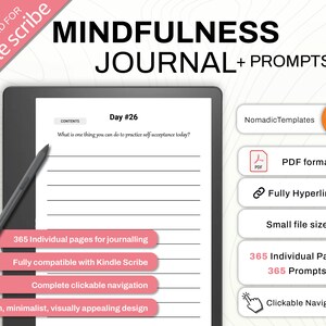 Kindle Scribe Mindfulness Journal with Prompts | 1 Year | 365 Days | Digital Download | Template with Hyperlinks