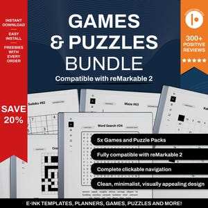 Games and Puzzle Bundle for Remarkable | Word Search, Sudoku, Mazes, Crossword, Kakuro | Clickable PDF Template