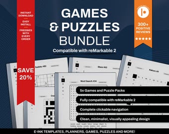 Games and Puzzle Bundle for Remarkable | Word Search, Sudoku, Mazes, Crossword, Kakuro | Clickable PDF Template
