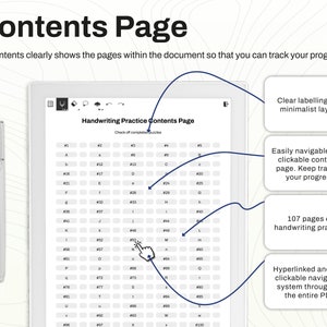 Interactive PDF contents page for Supernote handwriting practice, with 107 pages for progress tracking