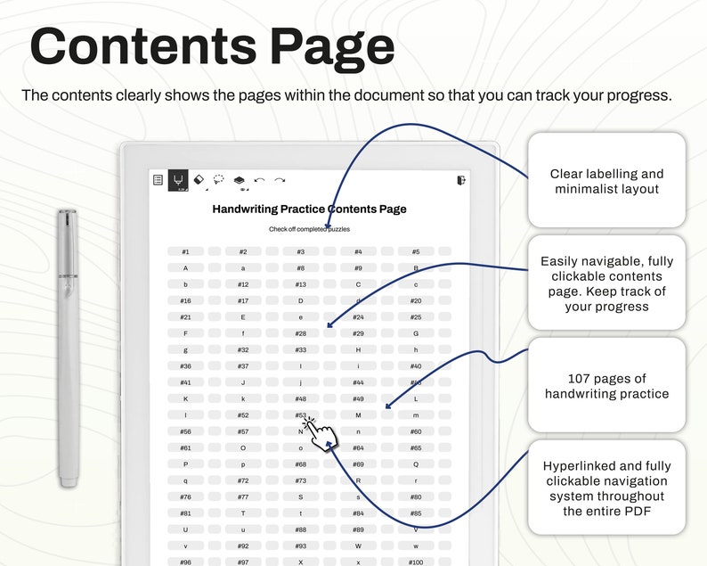 Interactive PDF contents page for Supernote handwriting practice, with 107 pages for progress tracking