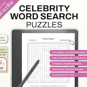 以下が含まれることがあります： Kindle Scribe電子書籍リーダーの画面のスクリーンショットで、単語検索パズルが表示されています。パズルは「女性歌手」というタイトルで、女性歌手の名前が隠された文字のグリッドが表示されています。画面には、パズルの数、Kindle Scribeとの互換性、ナビゲーション機能、ファイルサイズなど、製品に関する情報も表示されています。