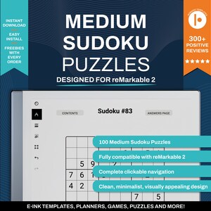 以下が含まれることがあります： reMarkable 2 タブレットに表示された数独パズル。パズルは「Sudoku #83」とラベル付けされており、9x9 のグリッドに数字がすでに記入されています。画面には、「100 個の中級数独パズル」、「reMarkable 2 と完全互換」、「完全なクリック可能なナビゲーション」、「クリーンでミニマルな視覚的に魅力的なデザイン」というテキストも表示されています。
