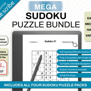 MEGA Kindle Scribe Sudoku Bundle Easy - Medium - Hard | Games and Puzzles | PDF Template with Hyperlinks | Digital Download | e-ink tablet