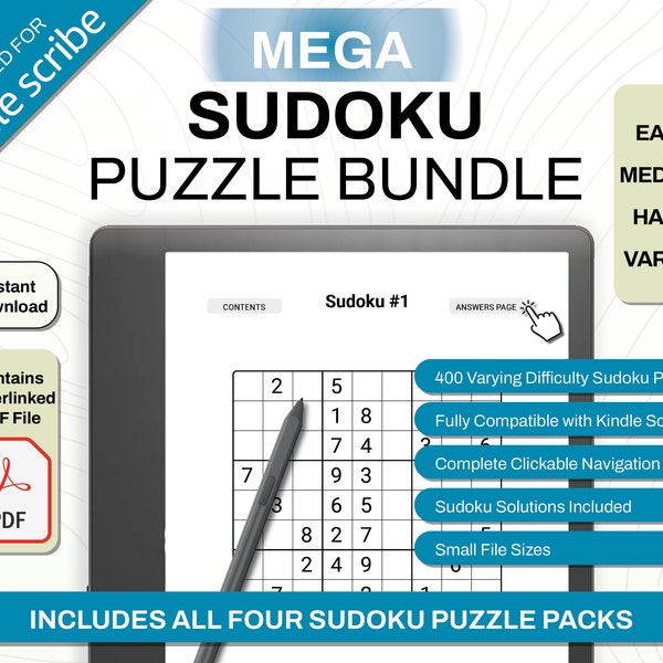 MEGA Kindle Scribe Sudoku Bundle Easy - Medium - Hard | Games and Puzzles | PDF Template with Hyperlinks | Digital Download | e-ink tablet