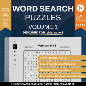Word Search Bundle 1 for reMarkable 2 | Games and Puzzles | Clickable Template | Digital Download for e-ink tablet | Hyperlink PDF