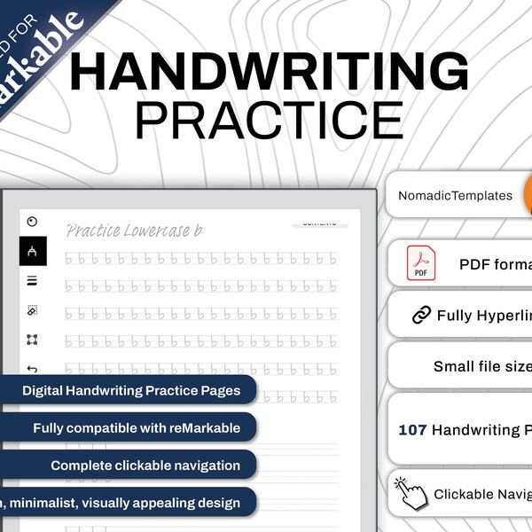 Modèle reMarquable | Feuilles de pratique d'écriture soignée | Calligraphie | Téléchargement numérique | Lien hypertexte PDF interactif | Pour tablette e-ink