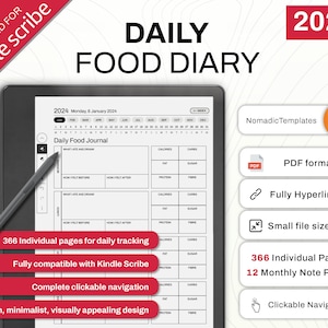 Kindle Scribe Daily Food Diary 2024 | Journal | Calorie Tracker | Meal Planner | Digital Download | Template with Hyperlinks
