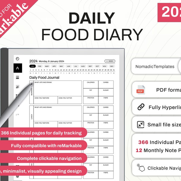 reMarkable Diario alimentare quotidiano 2024 / Diario / Monitoraggio delle calorie / Pianificatore dei pasti / Download digitale / PDF con collegamento ipertestuale