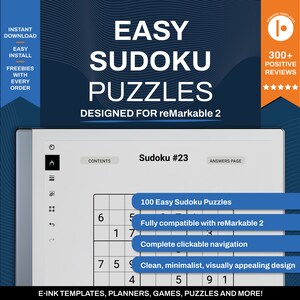 Easy Sudoku for reMarkable Volume 1 | Games and Puzzles | PDF Template with Hyperlinks | Digital Download | For e-ink tablet
