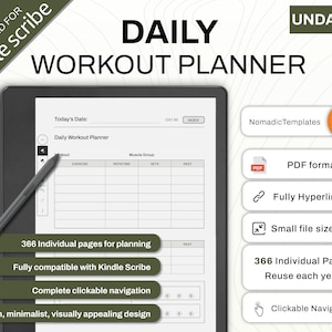 May include: A black and white daily workout planner for Kindle Scribe. The planner has a simple design with a table for recording workouts, reps, sets, and rest. The planner is fully compatible with Kindle Scribe and has clickable navigation.