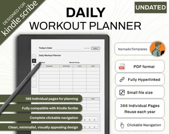 Kindle Scribe dagelijkse trainingsplanner en organisator van sportschoolsessies | 1 jaar | 366 dagen | Digitale download | Sjabloon met hyperlinks