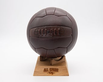 ALL SPORT VINTAGE - Ballon de Football en cuir vintage et son socle carré en bois massif. Cousu main. Marque française.