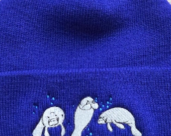 Three Manatees Embroidered Cuffed Beanie