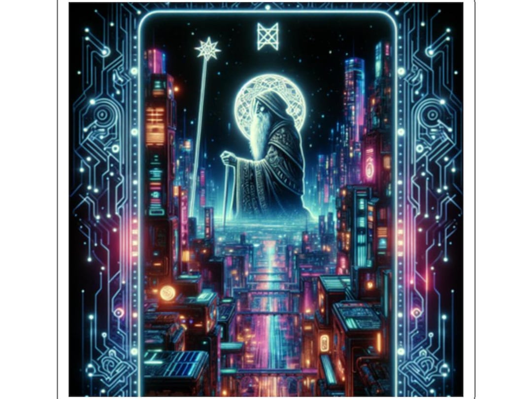 Cyberpunk Hermit Sticker, Neon Tarot Card, Futuristic Borderless ...