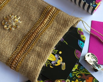 Hand Embroidered Jute Pouch for Crystals Tarot Jewellery