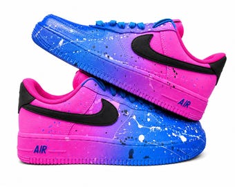 Customized AIR FORCE 1 Blue Fuchsia Splash Sneakers | Free Style Handpainted Airbrushed | Custom Shoes Airbrush Art | On demand quick ship