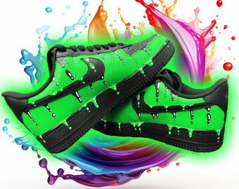 Zapatillas AIR FORCE 1 Green Fluo Drops personalizadas | Pintado a mano y aerógrafo | Zapatos personalizados Arte con aerógrafo
