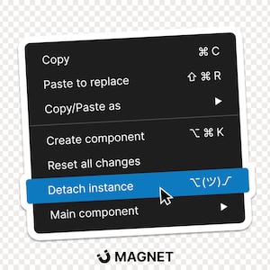 May include: A black menu with white text and icons. The menu options include "Copy", "Paste to replace", "Copy/Paste as", "Create component", "Reset all changes", "Detach instance", and "Main component".