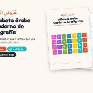 May include: An Arabic alphabet calligraphy workbook featuring 32 pages in A4 and US Letter sizes. The cover displays the title Alfabeto árabe Cuaderno de caligrafía with a grid of colorful squares containing Arabic letters and a name line.