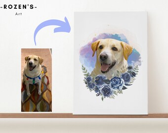 Custom Watercolor Dog Portrait Canvas with Flowers Using Your Photo For Birthday Memorial Gift Floral Pet Rescue