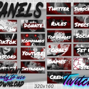 Peut inclure: Un ensemble de 16 panneaux Twitch avec un schéma de couleurs rouge et blanc. Les panneaux présentent du texte tel que "Donate", "Rules", "Specs", "Top Donors", "Socials", "Goals", "Set Up", "Games", "Steam", "Instagram", et "Twitch".