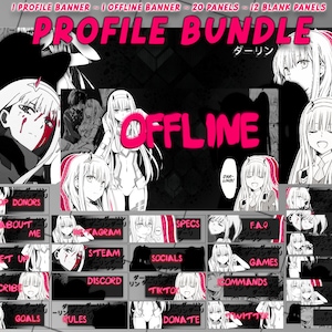 Anime Twitch Horn Girl Profile BUNDLE | Pink Red Black White | Offline & Profile Banner | 20 Panels + 12 Templates