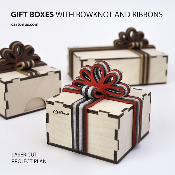 Gift boxes with multi-layered wooden bow-knot and wooden ribbons. Laser cut plan. SVG file template