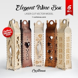 Elegant wine boxes
Lasercut vector files / project plan with engraving for laser cutting.
Vertical position of bottle.
Art nouveau and Art-deco style.
Set of 6 wood box designs.