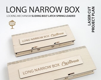 Long narrow box with sliding bolt latch spring loaded. Laser cut plan. File SVG