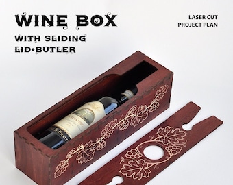 Wine box with sliding lid-butler. Laser cut plan. SVG file template