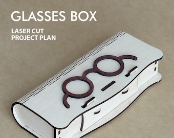 Glasses box with sliding bolt latch spring loaded and living hinges. Laser cut plan. File template