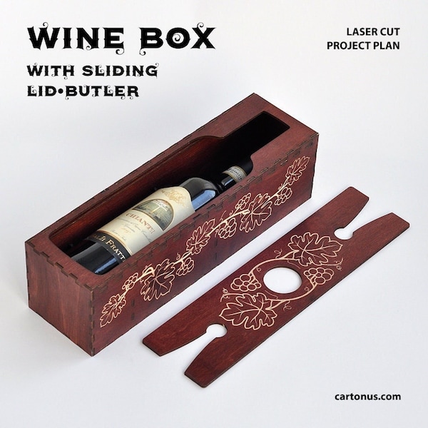 Wine box with sliding lid-butler. Laser cut plan. SVG file template