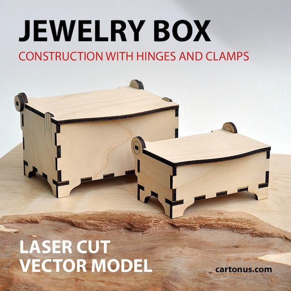 Wooden jewelry box with hinges and clamps. Laser cut plan. SVG file template