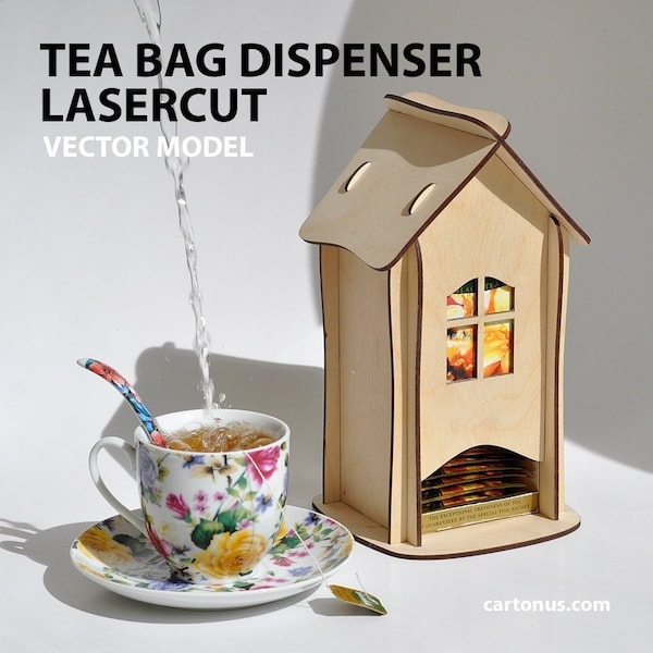 Tea bag dispenser, wooden tea box, tea bag storage, tea house box, tea bag holder. Laser cut plan. File template
