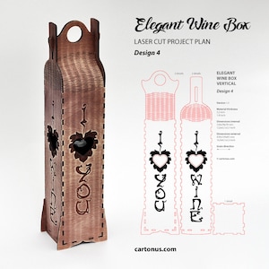 Elegant wine box. 
Design 4. I love wine. I love you. Heart image. 
Laser cut vector files / project plan with engraving for laser cutting.
Vertical position of bottle.
Art nouveau and Art-deco style.
Set of 6 wood box designs.