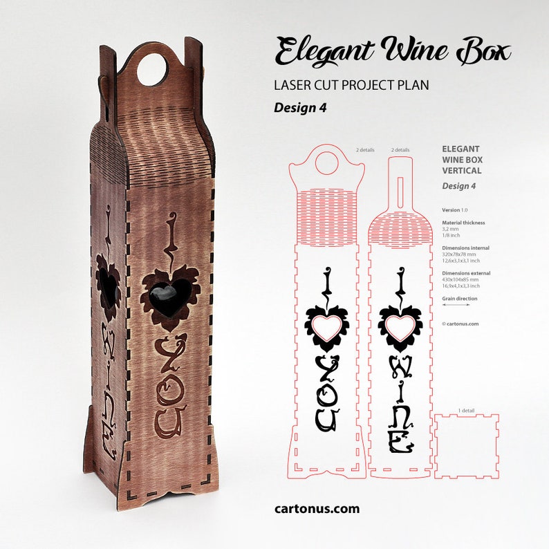 Elegant wine box. 
Design 4. I love wine. I love you. Heart image. 
Laser cut vector files / project plan with engraving for laser cutting.
Vertical position of bottle.
Art nouveau and Art-deco style.
Set of 6 wood box designs.