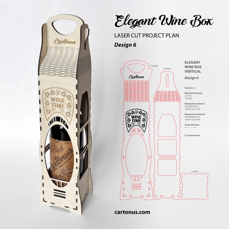 Elegant wine box.
Design 6. New.
Lasercut vector files / project plan with engraving for laser cutting.
Vertical position of bottle.
Art nouveau and Art-deco style.
Set of 6 wood box designs.