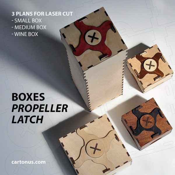 Wood box with propeller latch. Laser cut plan. SVG file template