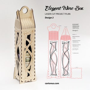 Elegant wine box. 
Design 2. Lines. 
Laser cut vector files / project plan with engraving for laser cutting.
Vertical position of bottle.
Art nouveau and Art-deco style.
Set of 6 wood box designs.