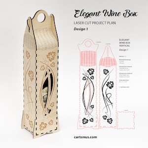 Elegant wine boxes. 
Design 1. Floral design.
Lasercut vector files / project plan with engraving for laser cutting.
Vertical position of bottle.
Art nouveau and Art-deco style.
Set of 6 wood box designs.