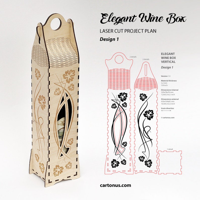 Elegant wine boxes. 
Design 1. Floral design.
Lasercut vector files / project plan with engraving for laser cutting.
Vertical position of bottle.
Art nouveau and Art-deco style.
Set of 6 wood box designs.