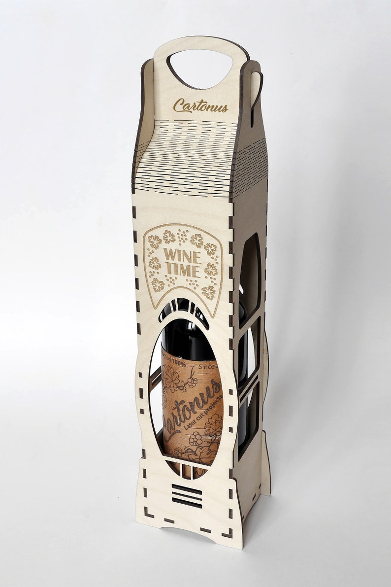 Elegant wine box made with soul by Cartonus.
Lasercut vector files / project plan with engraving for laser cutting.
Vertical position of bottle.
Art nouveau and Art-deco style.
Set of 6 wood box designs.