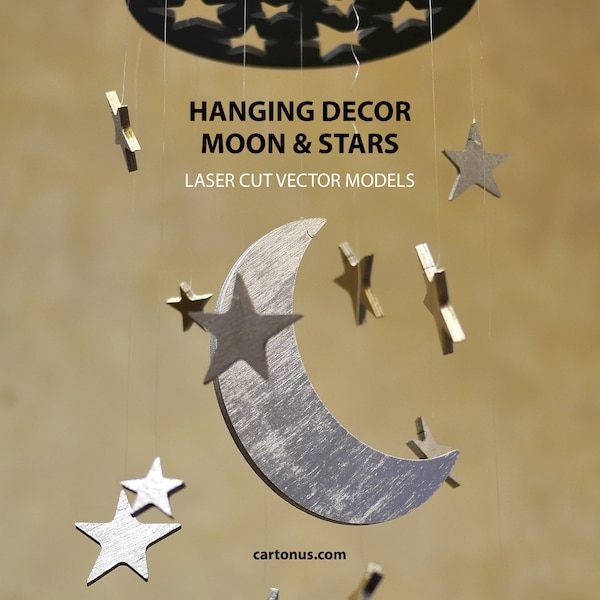 Hanging decor Moon and Stars. Neutral baby crib mobile. Laser cut SVG file