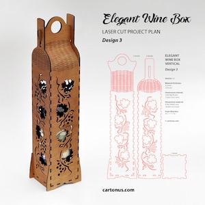 Elegant wine box. 
Design 3. Winegrapes. 
Laser cut vector files / project plan with engraving for laser cutting.
Vertical position of bottle.
Art nouveau and Art-deco style.
Set of 6 wood box designs.