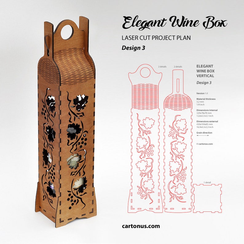 Elegant wine box. 
Design 3. Winegrapes. 
Laser cut vector files / project plan with engraving for laser cutting.
Vertical position of bottle.
Art nouveau and Art-deco style.
Set of 6 wood box designs.