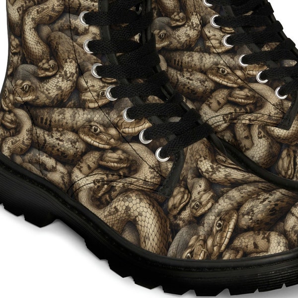 Python Snake Men's Canvas Boots Viper Pit Reptile Natural Camo Gift for Him Slithering Goblincore Vegan Boots